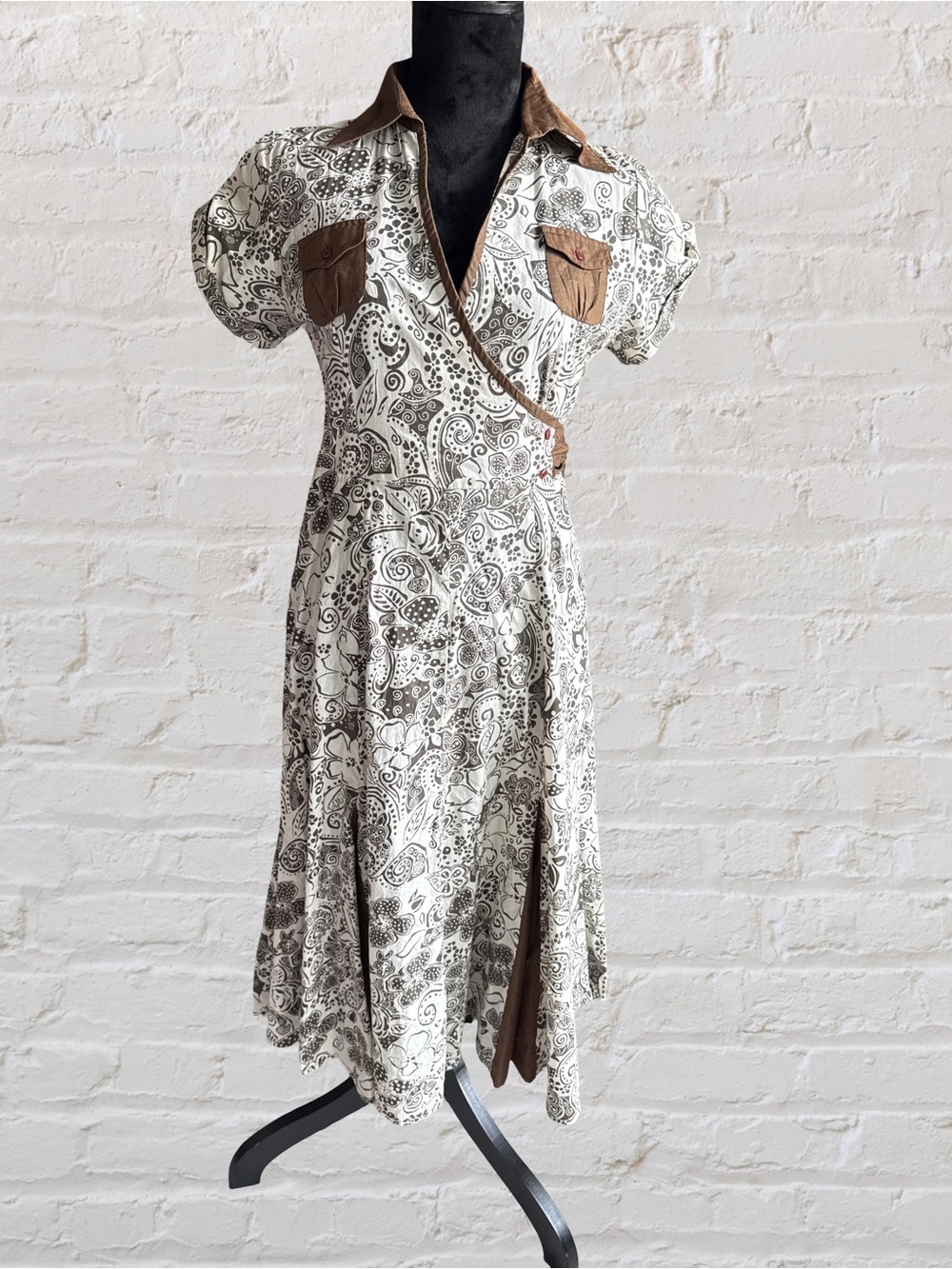 Magic White and Brown Paisley Wrap Midi Dress